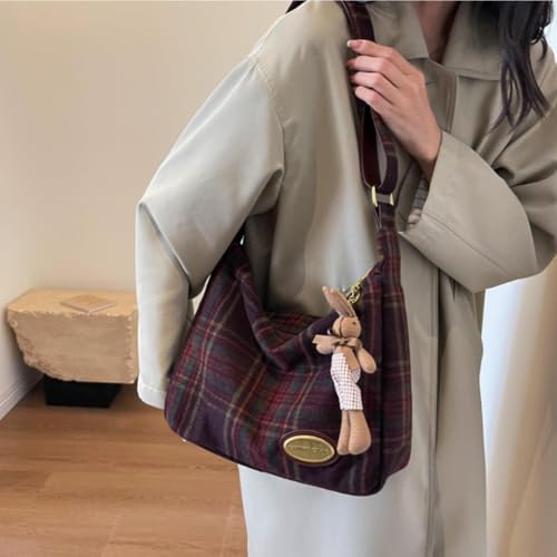 Image of Plaid Purses for Women - Wool Handbag with Pendant, Hobo Shoulder Bag and Tartan Fabric Clutch (Red)