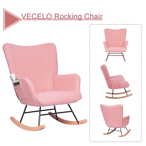 VECELO Rocking Chair Nursery Teddy Upholstered Glider Rocker with High Backrest, Padded Seat, Side Pocket, for LivingRoom, Bedroom, Baby Room
