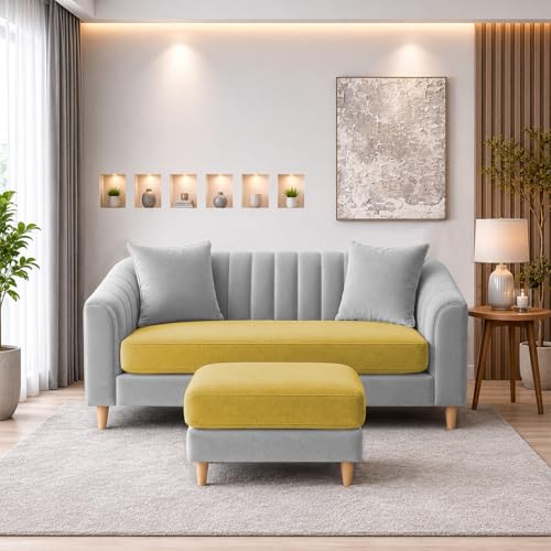 Image of Doraldo 2 Seater Sofa Set with Ottoman for Living Room (Yellow Grey) Premium Fabric Sofa