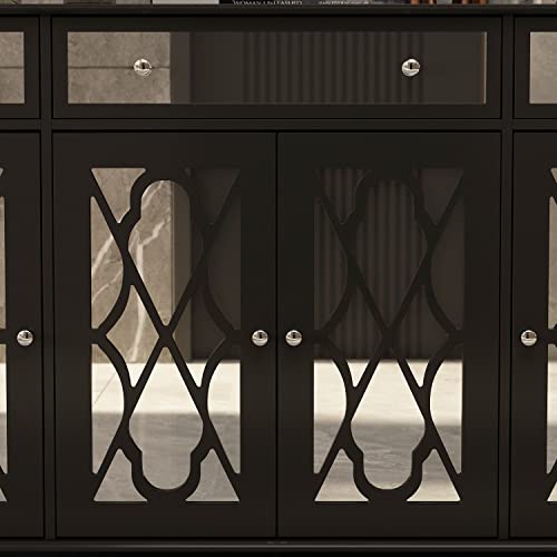 Didugo Sideboard With Glass Doors, Mirrored Sideboard Storage Cabinet With 3 Drawers, Credenza Sideboard Buffet With Wooden Legs, For Living Room Hallway Black (55.1”W X 15.7”D X 35.4”H) #TOP6