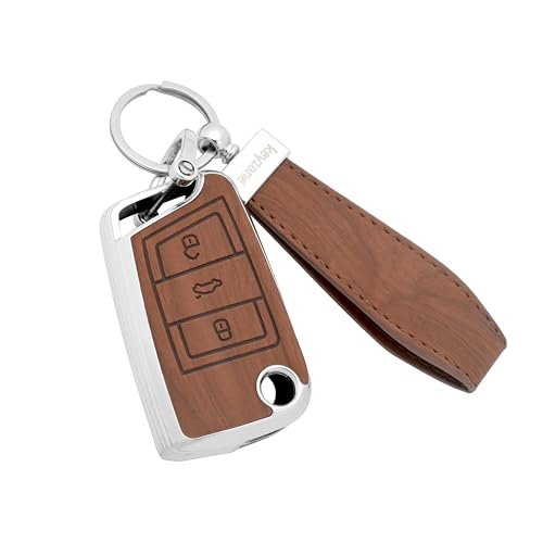 Image of Keyzone Woodgrain TPU Key Cover & Keychain for Volkswagen Virtus, Tiguan, T-Roc, Taigun, Jetta, Skoda Octavia, Karoq, Superb, Kodiaq, Slavia Flip Key (Walnut Brown)