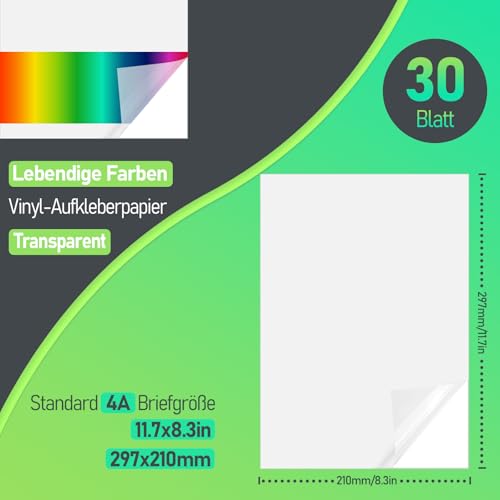 Tixlux 30 Blatt Vinyl-Aufkleberpapier für Tintenstrahldrucker, transparent, selbstklebend, trocknet schnell, lebendige Farben, A4-Größe 297x210mm