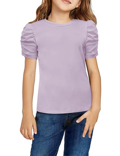 Image of Arshiner Girls Puff Short Sleeve Shirts Summer Ribbed Knit Crewneck T Shirt Tops Tee Blouse