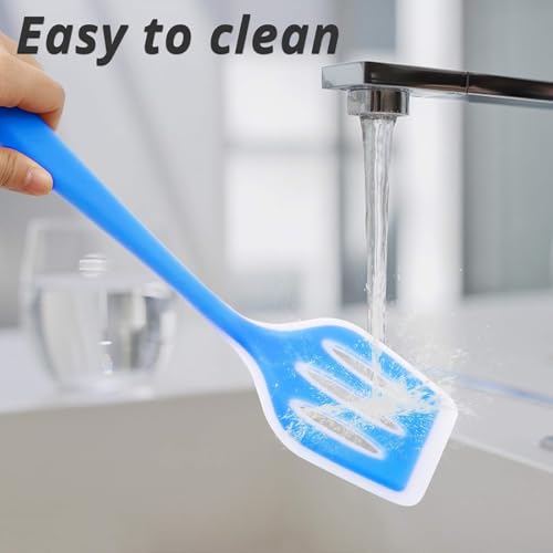 Image of DecorTwist Silicone Turner Spatula | Heat Resistant Kitchen Utensils for Cooking, Baking | BPA-Free, Food Grade Wooden Handle Nonstick Flipper for Fish, Eggs, Omelets (8X 0.2X 32cm,91g) Sky Blue