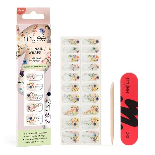 Mylee Gel Nail Wraps [Blooming Lovely] 20 Pre-Cured Gel Stickers for Instant Mani No Lamp Needed Chip-Resistant Glossy Finish Lasts Up to 14 Days Easy to Apply Vegan & Cruelty-Free