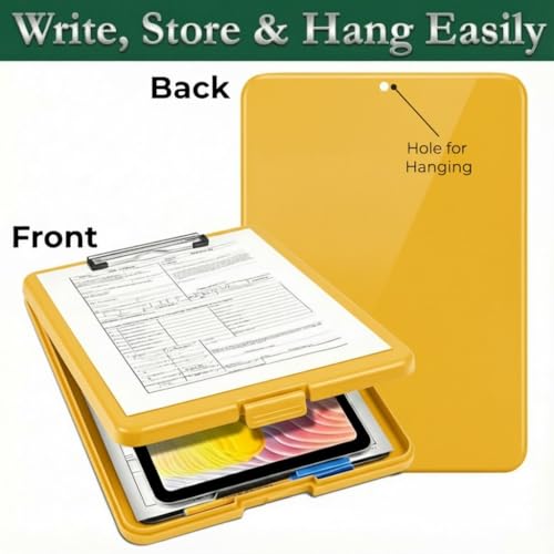 Image of Yajnas Clip Pad /Clipboard with Built-in Storage Compartment and Pen Holder - Durable, Lightweight Writing Pad with Snap Closure - Ideal for Office, School, Fieldwork (Yellow Colour)