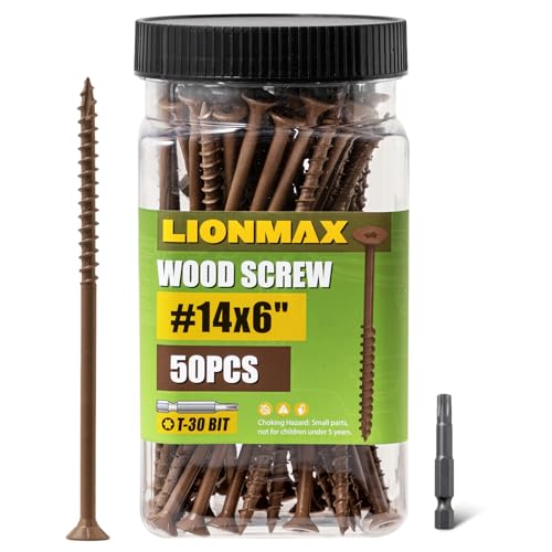 Image of LIONMAX Deck Screws #14 x 6 Inch, 50 PCS, Long Wood Screw, Rust Resistant, Exterior Epoxy Coated for Outdoor Decking, Torx /Star Drive Head, T30 Star Bit Included