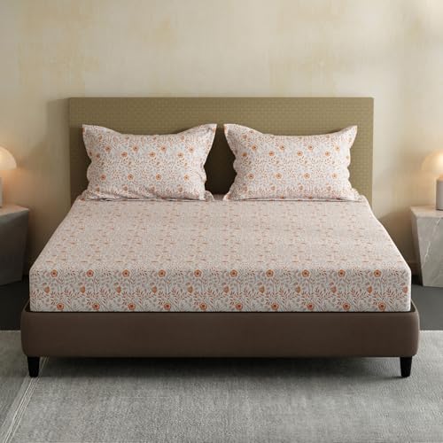 Image of Layers 100% Cotton Bedsheet for Double Size Bed | Lumina Floret Collection | 144 TC Soft & Breathable | Floral Print with 2 Pillow Covers | Wrinkle Free & Colorfast | 3 Piece Bedding Set - Orange