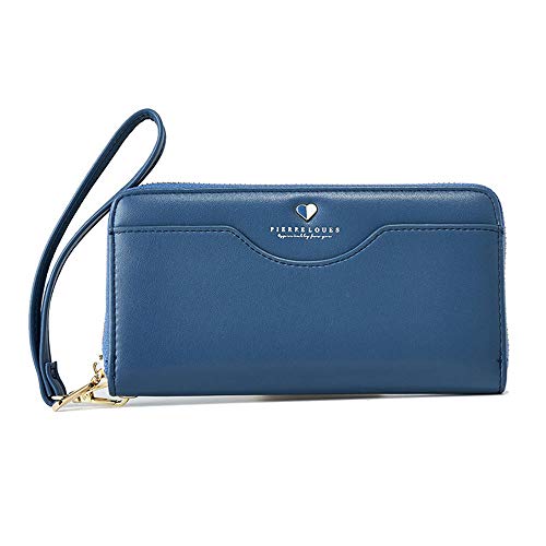 Damen PU Leder Reißverschluss Brieftasche, Frauen Kurze Absatz Große Kapazität Mädchen Geldbeutel Geschenke für Mutter, Freundin und Freunde,Blau Cover