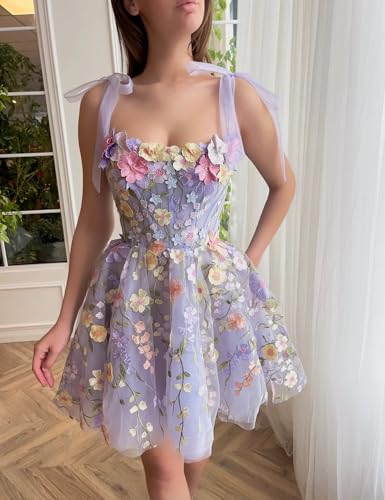 Floral Homecoming Dresses Tulle Short Prom Dresses for Teens Spaghetti Straps Flower Embroidery Cocktail Dress4