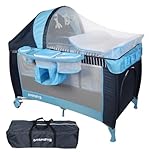 Barmøya 3-in-1 Baby-Reisebett mit Wickelauflage – Reisebett, Laufstall & Beistellbett, höhenverstellbar, Moskitonetz & Sonnendach, faltbar inkl. Tragetasche (Blau)