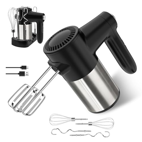 Cordless Electric Hand Mixer, 7 Speed Rechargeable Wireless Handheld Mixer with Eject Button, Long Battery, Quiet Anti-Splash, 6×304 Stainless Steel Attachments & Storage Base for Baking (Black)