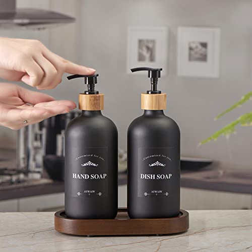 Aywaiw Glass Soap Dispenser Set With 2 X 16Oz Glass Lotion Dispensers And Wooden Tray. Soap Dispenser For Bathroom Soap Dispenser -Hand Soap Dispenser (White)… (Black) #TOP4
