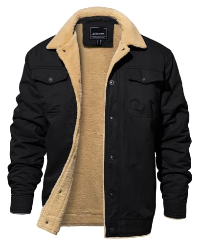 EKLENTSON Men's Bomber Jacket Windproof Winter Lumberjack Fleece Jacket Casual Cargo Coat Black,XL