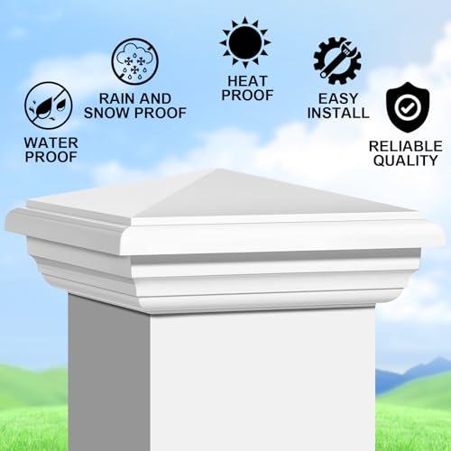 Sasylvia 2 Pcs Vinyl Fence Post Caps White PVC England Style Post Cap Top Pyramid Square Waterproof UV Resistant Decorative Vinyl Fence Post Caps (4 x 4 Inch)