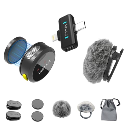 Vislla Mini Microphone for iPhone & Android, Furry Windscreen, Noise Cancelling Wireless Lavalier Microphone,Clip On Lapel Mini Mic Pro for Content Creators Vlogging/YouTube/Tiktok/Streaming/Interview