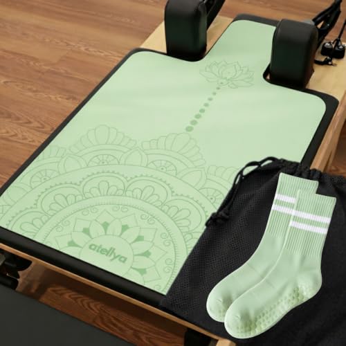 Atellya Pilates Reformer Mat With Grip Socks Women And Mesh Bag Bundle Cover For Reformer Non Slip Reformer Towel Workout Mat For Yoga Socks With Grips Non Slip Pilates Mat (Mint Green)