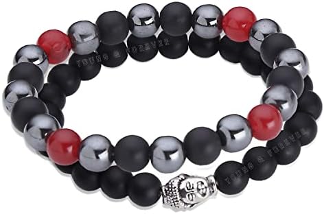 Young & Forever Gift Black Matte Onyx Stretch Buddha Beads Combo of 2 Strand Bracelet for Women and Men