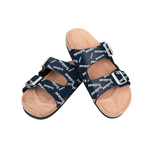 FOCO NFL New England Patriots Women's Mini Print Wordmark Adjustable Double Buckle Straps Sandals, Team Color, Medium (7-8)
