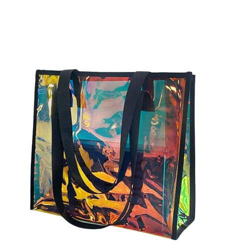 Kasepie Black Iridescent Beach Bag for Women14x12x6 inch Holographic Vinyl Storage Tote Bag Clear Bag Stadium Approved for Work Sports Games Concerts Travel and Beach (299-10 black)