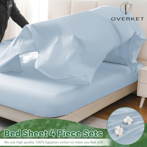Image of 1000 Thread Count Egyptian Cotton Sheets Queen Size Set 4PCS Sateen Weave Soft Breathable 16-Inch Deep Pocket（Queen,Light Blue）