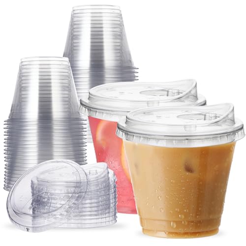 9 oz Clear Plastic Cups with Strawless-Sip-Lids, 25 Sets Disposable Cups Plastic Iced Coffee Cups, To Go Cups with Sip Through Lids for Smoothie, Milkshake, Cold Drinks for Party, Wedding, Event