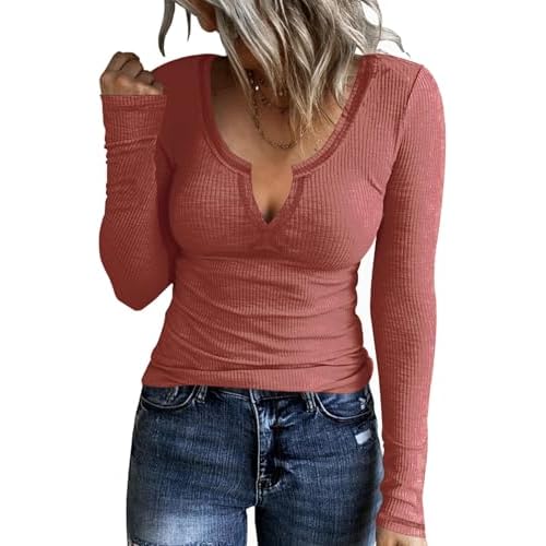 AKEWEI Women's Soft V Neck Ribbed Knit Shirts Basic Long Sleeve Tops Comfortable Long Sleeve Shirts Tunic Blouse Clothes C4_peach Pink_long Sleeve X-Large
