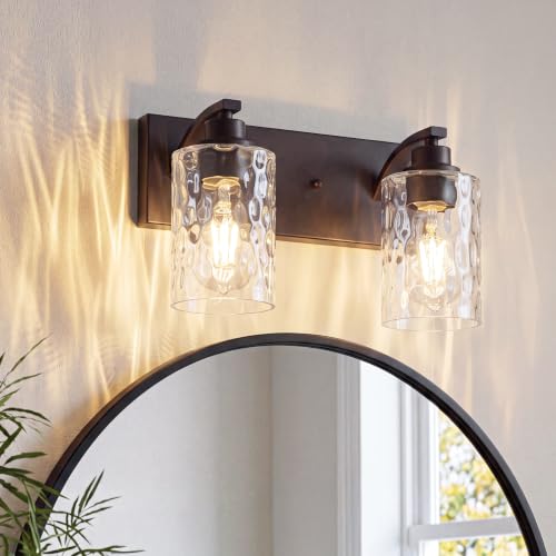 Image of 2-Light Bathroom Light Fixtures Modern ORB Vanity Lights | Easy to Install Clear Hammered Glass Shades, Rippled Glow, Wall Mount Up or Down, E26 Socket, Hardwired, 120V