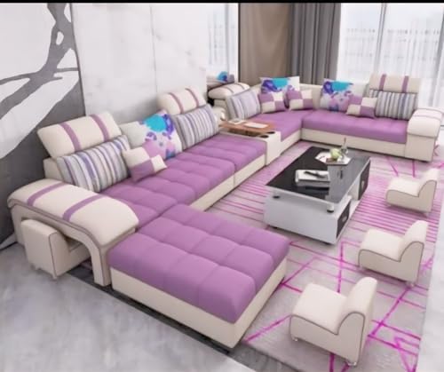 Image of Torque Galster 12 Seater Sofa Set for Living Room (Purple) | Interchangeable U Shape Sectional Sofa with Cup Holder & Storage | Solid Wood Frame & High-Density Supersoft Foam | Includes Puffy & Stool