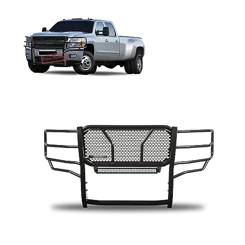 Image of Black Horse RUGGED Heavy Duty Grille Brush Bumper Guard Modular Black Come with 20 inch Double Row LED Light Compatible with 2011-2014 Silverado 2500 HD|2011-2014 Silverado 3500 HD-RU-CHSI11-B-KIT