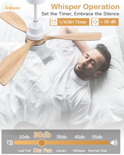 Image of Sofucor 48 Inch Smart Wood Ceiling Fans with Lights, Flush /Downrod Mount | Alexa /App /Remote Control, Quiet Reversible DC Motor, 3CCT Dimmable, Indoor /Covered Outdoor /Bedroom /Living Room, Natural Wood