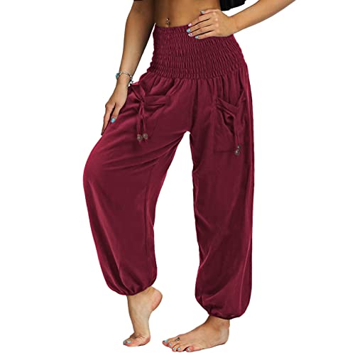 Nuofengkudu Damen Hippie High Waist Haremshose Leicht Pumphose Harem Hosen Locker Schlicht Baggy Boho Viskose Pluderhose Yoga Pants Sommerhose Freizeithose Pyjamahose Thaihose Homewear Rot M