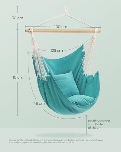 SONGMICS Hängesessel, Hängeschaukel, Hängestuhl mit 2 Kissen, Metallkette, bis 150 kg belastbar, Indoor und Outdoor, Wohnzimmer, Schlafzimmer, mintgrün GDC187Q02 5