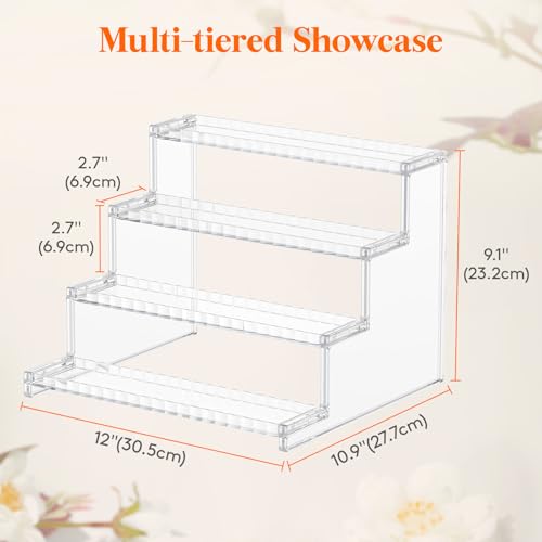 Lifewit 4 Tier Clear Display Riser Stand with Decorative Secure Fences, Tool-free Assembly, Plastic 12 Inch Perfume Organizer, Display for Figures, Cupcake, Dessert, 1-pack by Lifewit - Image 4