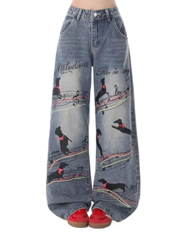 Y2k Unisex Vintage Kawaii Puppy Music Score Print Baggy Jeans Hiphop Street Preppy Cutecore Casual Wide Leg Denim Pants