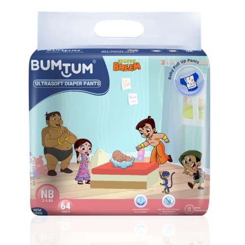 Image of Bumtum Chota Bheem New Born Baby Diaper Pants, 60 Count, Leakage Protection Infused With Aloe Vera, Cottony Soft High Absorb Technology (Pack of 2)