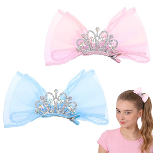 Ymapinc 2Pcs Butterfly Bow Crown Hair Clips Tulle Crown Hair Pins for Women Party Accessories Hairpins with Metal Snap Clasps - Blue and Pink