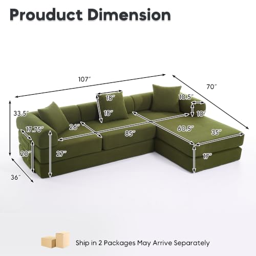 Image of 107 inch Modular Sectional Sofa Bed, L-Shape Corduroy Boneless Couch, Green
