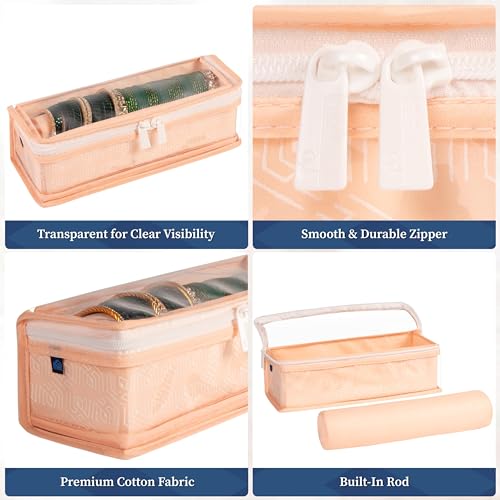 Image of HomeStrap Cotton Single Rod Bangle Box with Transparent Top | Waterproof, Dustproof Organizer for Bangles, Chudis, Bracelets, Watches & Jewellery | Compact Storage Organizer | Peach | Pack of 1