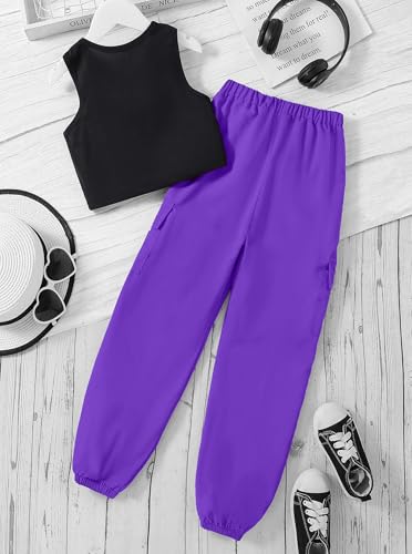 Image of Girls 2 Piece Outfit Set for Tween Girls, Sleeveless Crop Tank Top & Cargo Pants Jogger Set