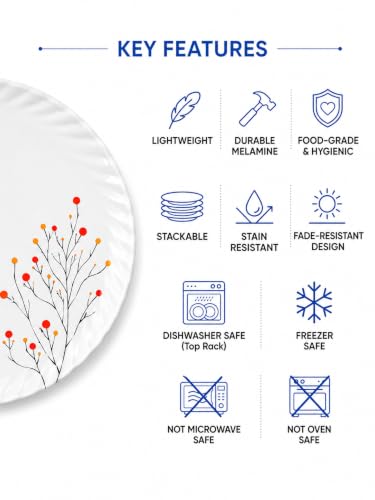 Image of Melvio Premium Floral Melamine Dinner Set for Family Dining, Elegant Printed Crockery Set with Dinner Plates, Quarter Plates, Bowls, Serving Bowls with Lids & Spoons, Lightweight (Dinner Set 18Pcs)