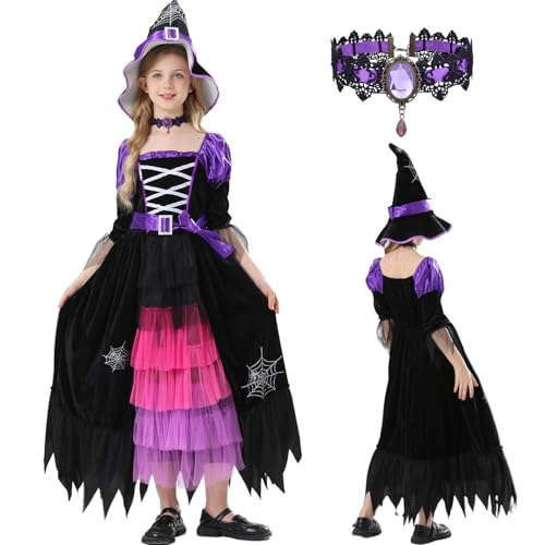Muxiwom Disfraz Bruja Niña, Disfraz Halloween Niña Bruja, Disfraz De Halloween Niña Disfraz De Bruja Niña Incluido Vestido De Bruja Y Sombrero De Bruja Y Collar, Halloween Disfraz Costume 7-9 Años
