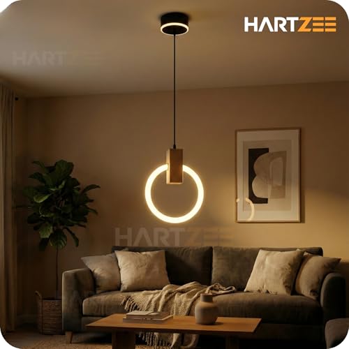 Image of Lunaris Pearl Pro LED Pendant Light | Modern Ring Chandelier Hanging Ceiling Lamp with Wooden Accent for Bedroom, Living Room, Dining Room, Cafe & Office | 3000K Warm White Lighting (1 Pack)