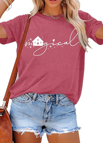 Magical Shirt for Women Magic Kingdom Tshirt Family Vacation Tee Castle Graphic Short Sleeve Tops Pink