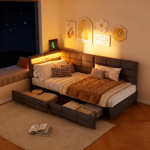 LIVLUX Polsterbett Schlafsofa 90x200,Einzelbett mit LED-Beleuchtung und USB,Jugendbett mit 2 Schublade und Lattenrost,Tagesbett, ohne Matratze...