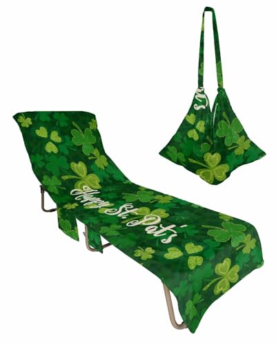 St. Patrick's Day Beach Lounge Chair Towel Cover, Soft Chaise Lounge Towel with Side Pockets Patio Pool Chairs Cover for Beach/Pool Sunbathing 29x85 Watercolor Green Lucky Clover