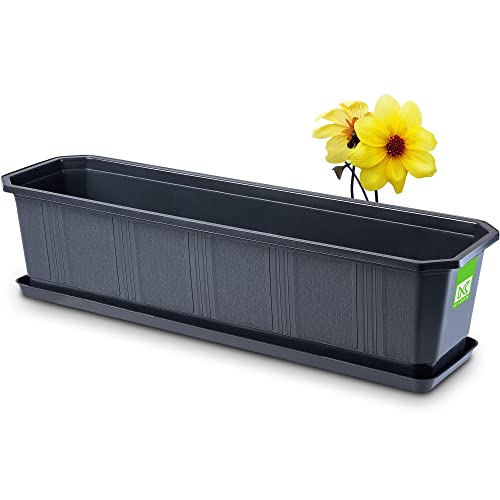 KADAX Blumenkasten, Pflanzkasten mit Untersetzer, rechteckiger Blumentopf aus Kunststoff, Pflanzgefäß für Innen- und Außenbereiche, Blumen, Balkon, Terrasse, Fensterbank (60cm, anthrazit)