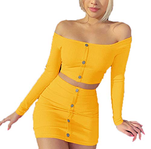 2 Piezas Conjunto Mujer - Mini Falda y Manga Larga Crop Top Camisa Moda Color Sólido Slim Fit Bodycon Conjunto Traje