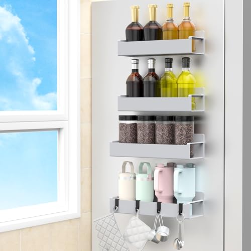 HuggieGems 4 Pack Silver Magnetic Spice Rack Organizer for Refrigerator