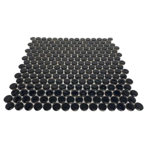 Tenedos Glossy Black Penny Round Porcelain Mosaic Tile Floor and